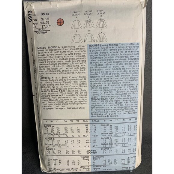 Butterick Misses Blouse Sewing Pattern sz 12 6973 - uncut - Picture 3 of 4